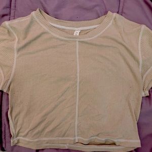 Beige ribbed cropped short sleeve tee